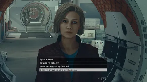 Starfield 游戏截图，展示主角与莎拉互动