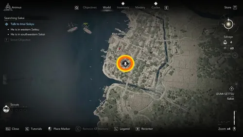 《刺客信条：暗影》游戏截图，展示 Sakai 城市景观