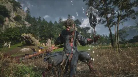 《黑神话：悟空》游戏画面，展示悟空在战斗中的英姿